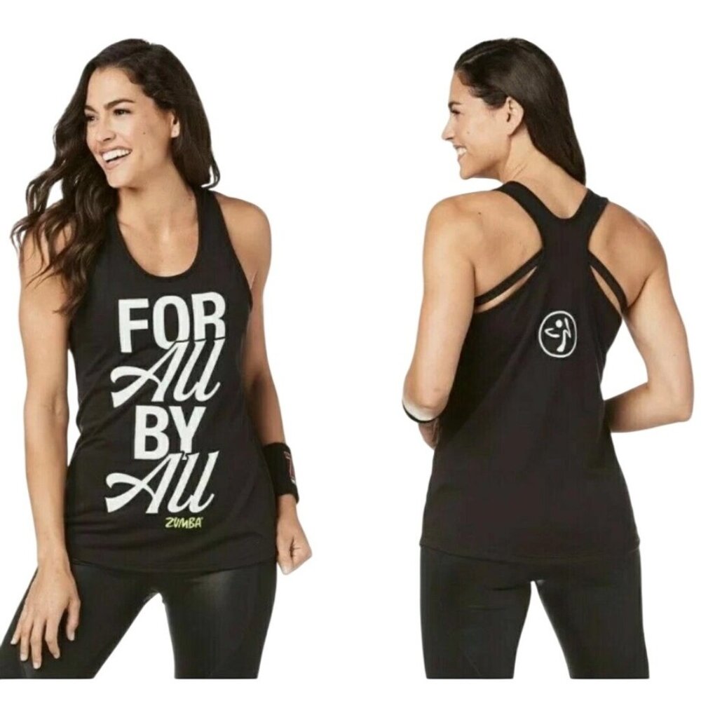 Zumba Womens Black Racerback Tank Top With "For All By‎ All" Graphic Print Small
